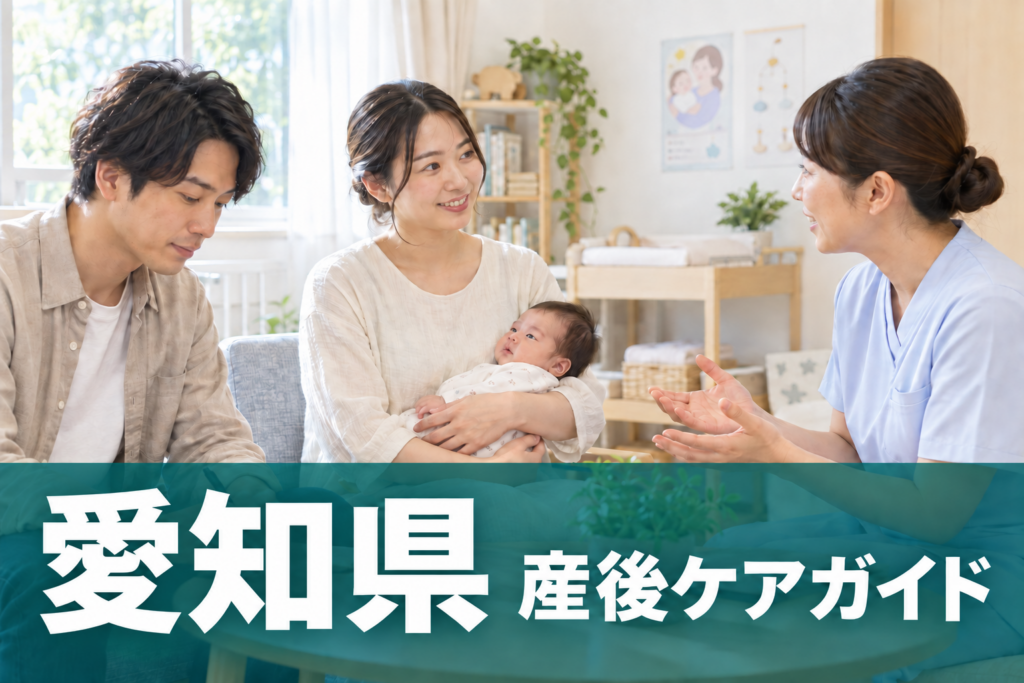 愛知県 産後ケアガイド。両親と赤ちゃんが助産師に相談するイメージ