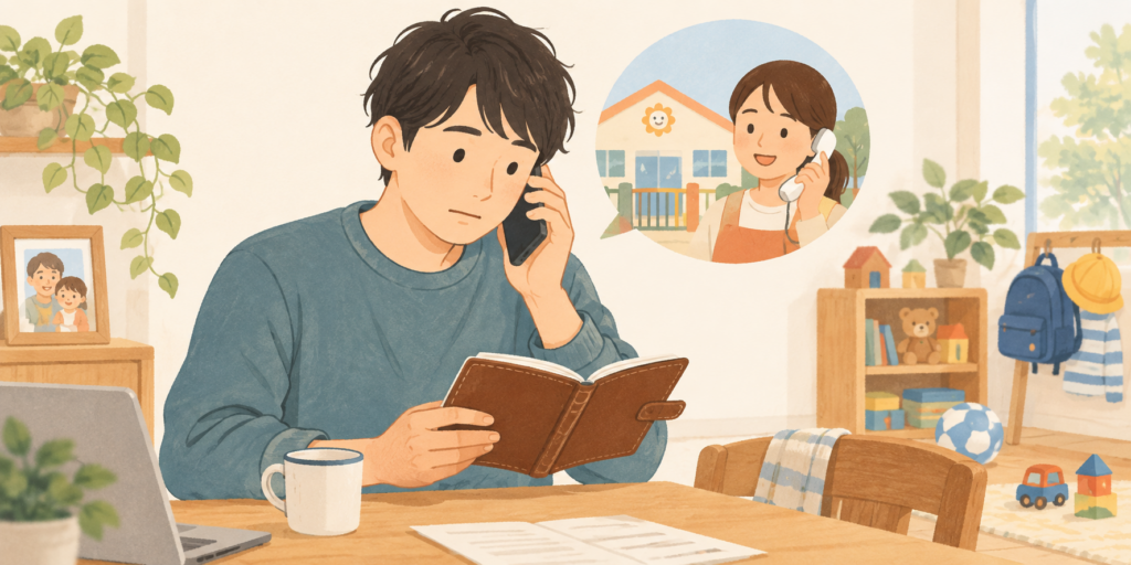 保育園からの電話を受けて手帳を確認する父親