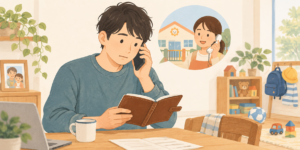 保育園からの電話を受けて手帳を確認する父親