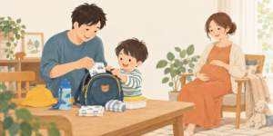 父親と上の子が園バッグを準備する様子