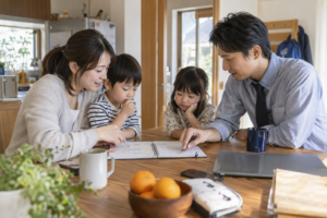 朝の支度と送迎を予定表で相談する家族