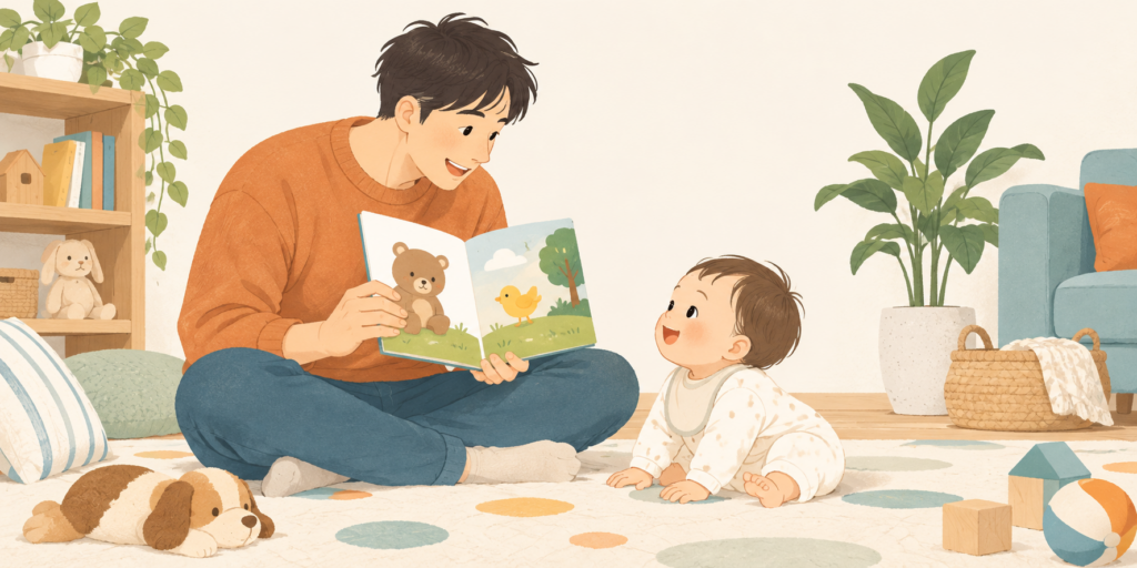 起きている赤ちゃんに絵本を見せる父親