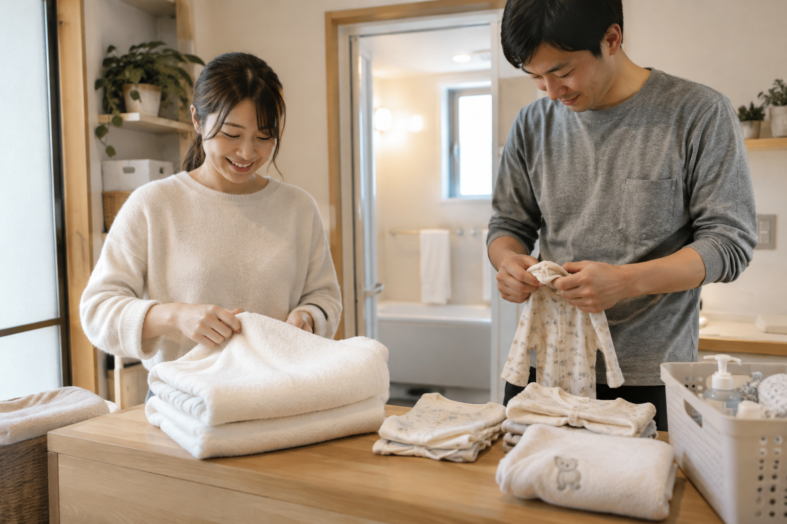 赤ちゃんのお風呂用のタオルと着替えを準備する両親