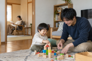 母親が休む間に父親と子どもが積み木で遊ぶ様子