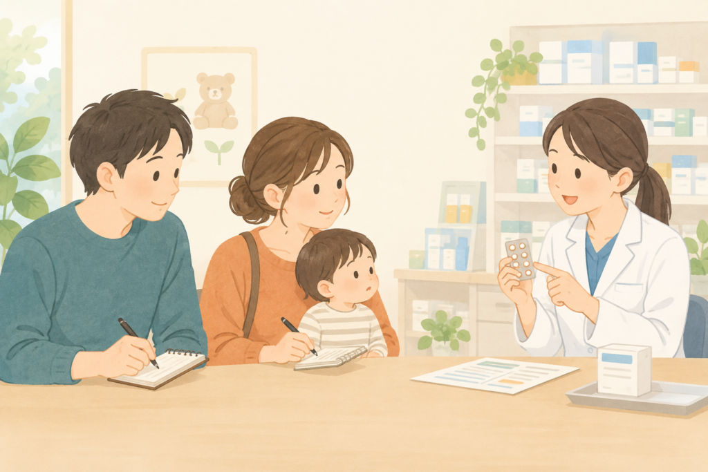 薬剤師の説明を聞いてメモする家族