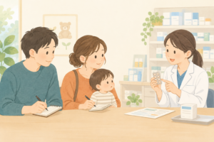 薬剤師の説明を聞いてメモする家族