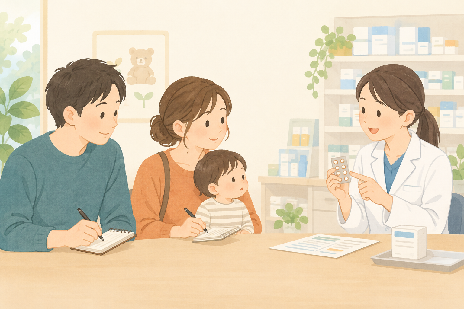 薬剤師の説明を聞いてメモする家族
