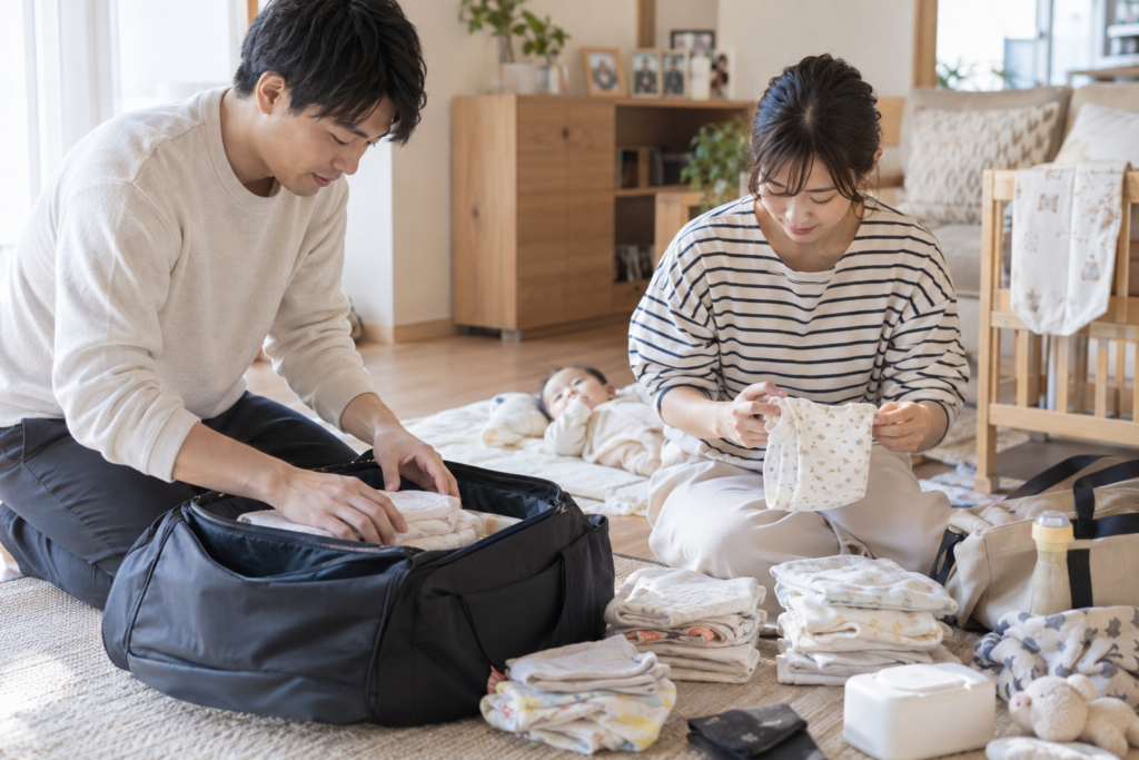 帰省用の荷物と着替えを準備する両親