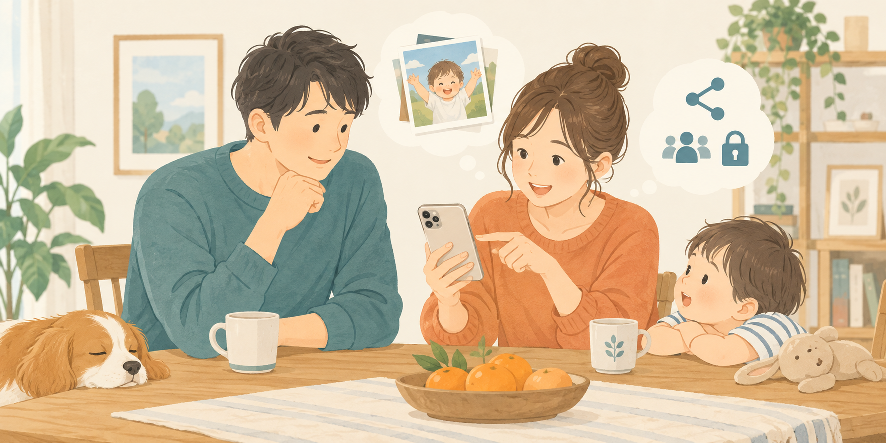 子どもの写真の共有範囲を相談する家族