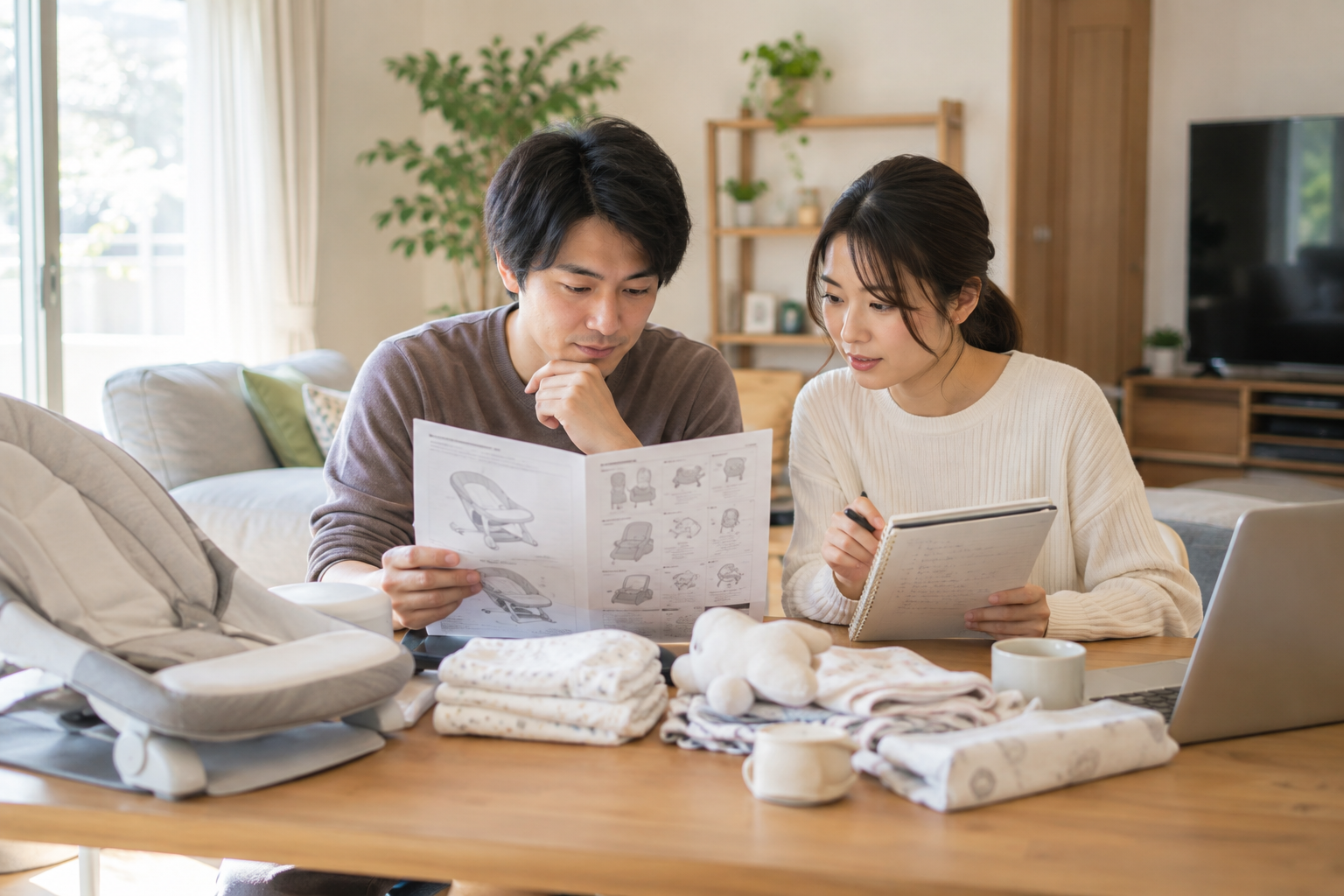 ベビー用品の資料とメモを見比べる両親