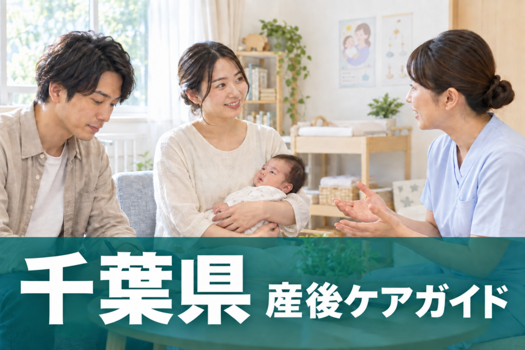 千葉県 産後ケアガイド。両親と赤ちゃんが助産師に相談するイメージ