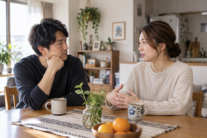 食卓で向き合い、話を聞く夫と話す妻