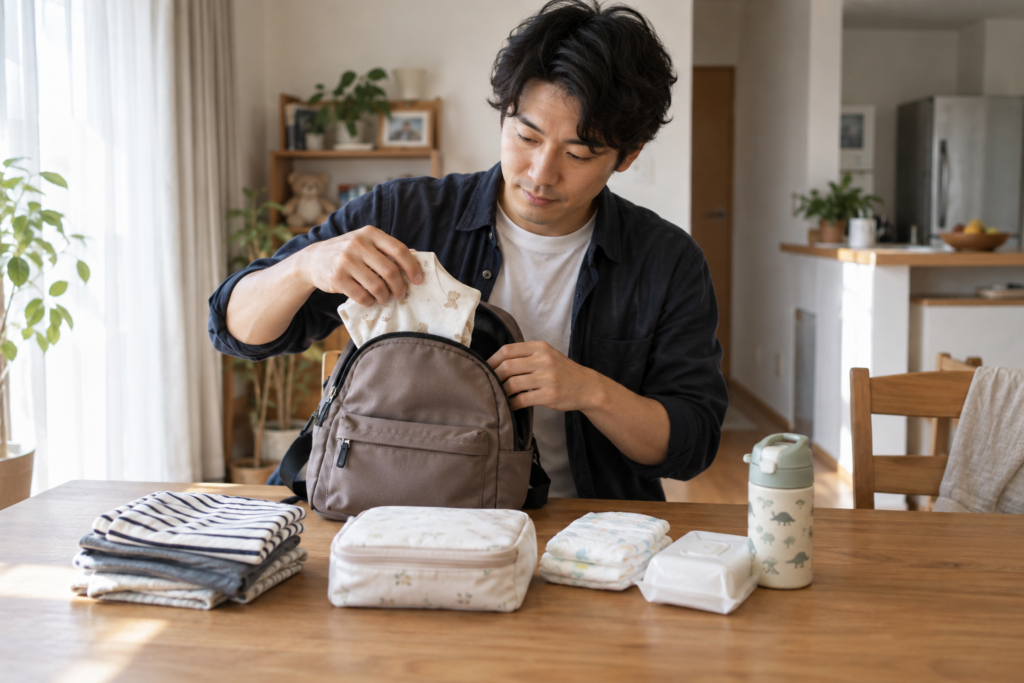 子どもの着替えと水筒を確認してバッグを準備する父親