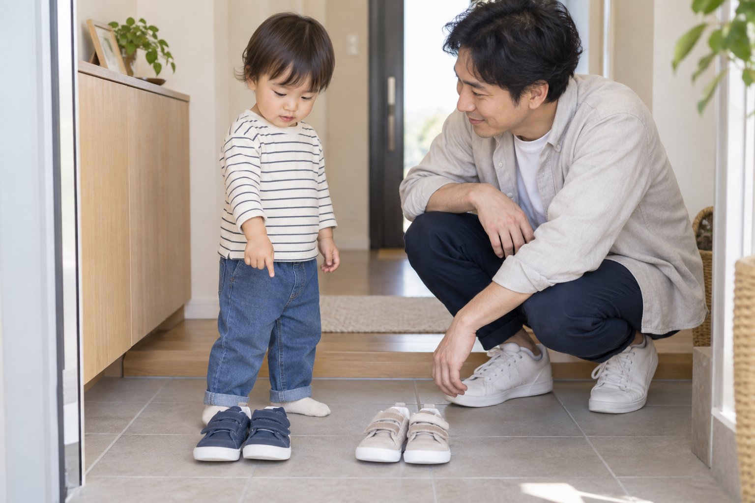 玄関で靴を選ぶ2歳の子どもに目線を合わせる父親