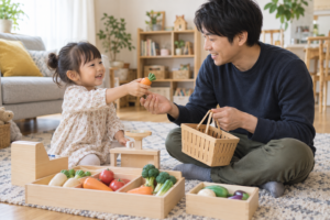 3歳の子どもとお店屋さんごっこを楽しむ父親