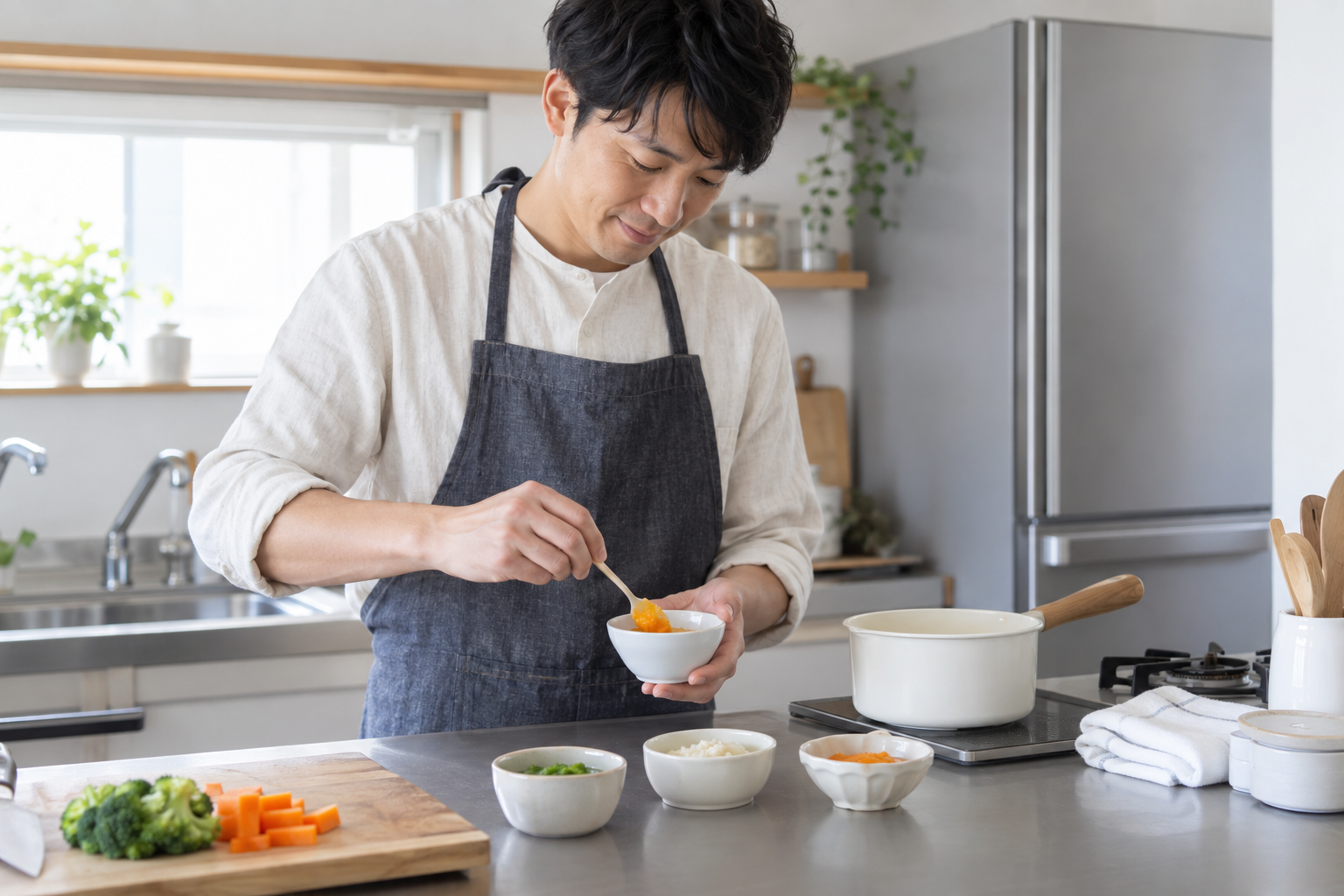 清潔な調理台で離乳食を小さな器に準備する父親