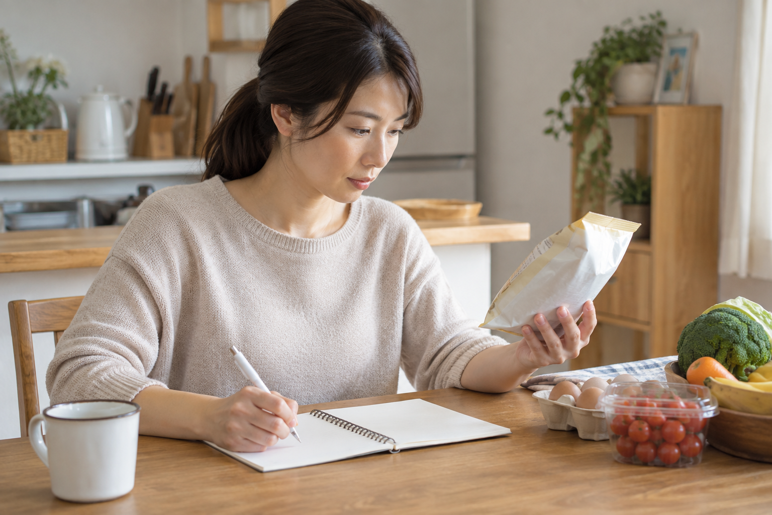 食品の包装を確認しながらノートに記録する保護者