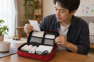 家庭の救急用品のガーゼや包帯を点検する父親
