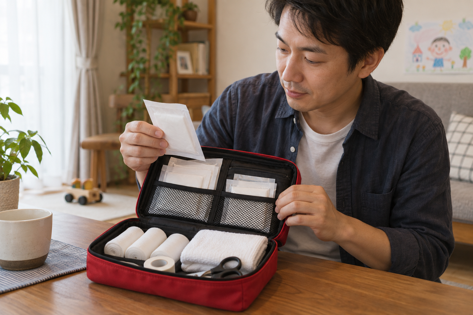 家庭の救急用品のガーゼや包帯を点検する父親
