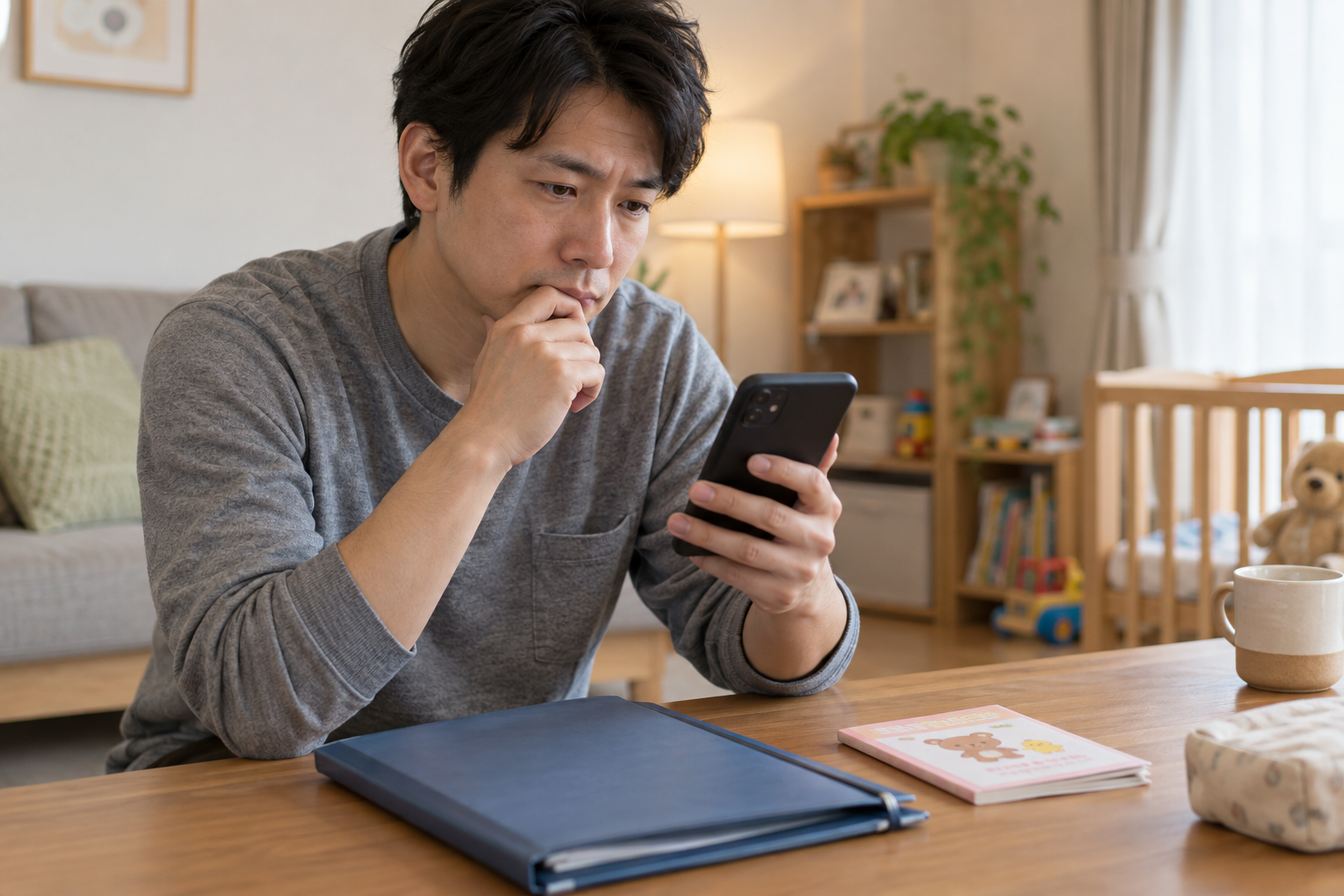 医療関係の書類をそばに置いて電話を確認する父親