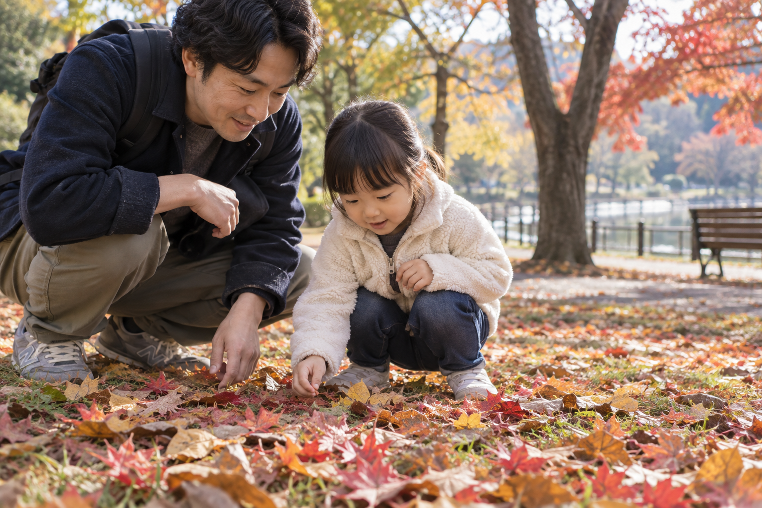 公園で落ち葉を一緒に眺める父親と幼児