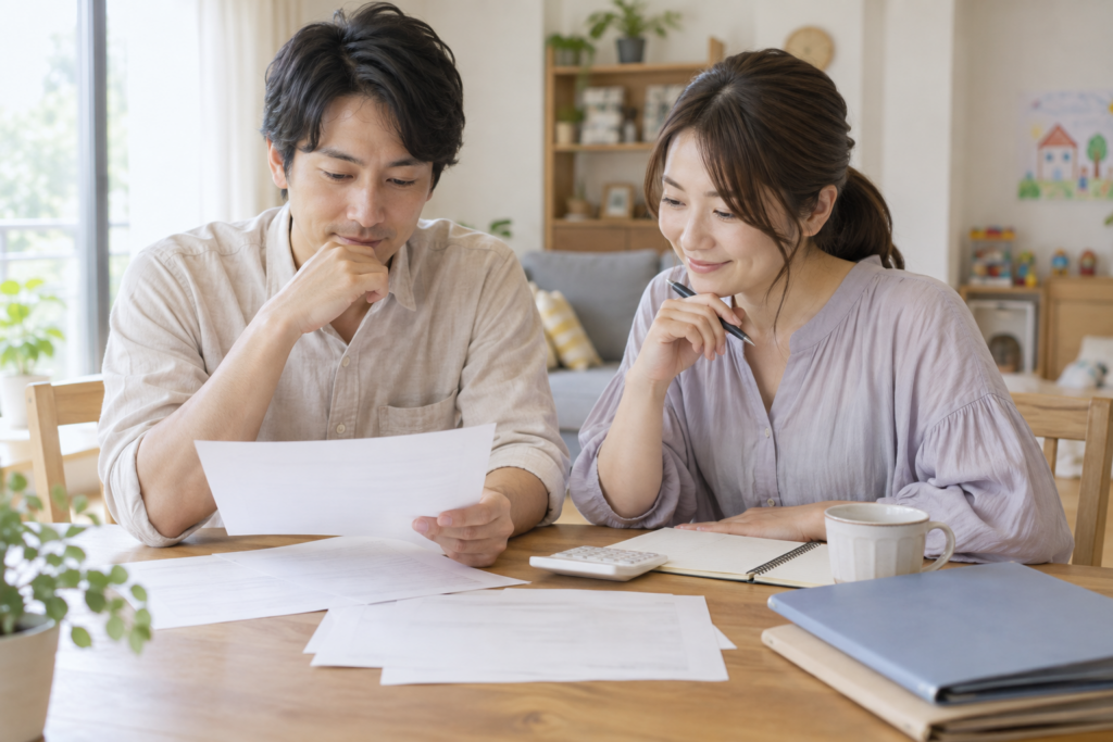 家計の書類と電卓を広げて将来の準備を話す夫婦