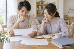 家計の書類と電卓を広げて将来の準備を話す夫婦