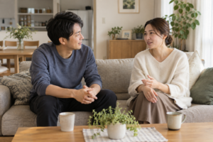 落ち着いたリビングで向き合って話す夫婦