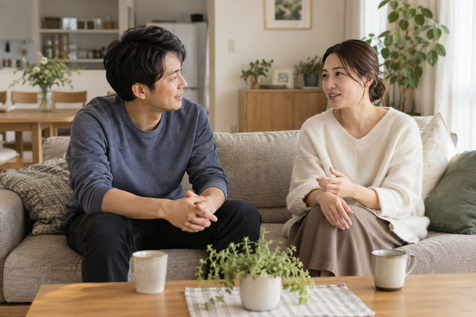 落ち着いたリビングで向き合って話す夫婦