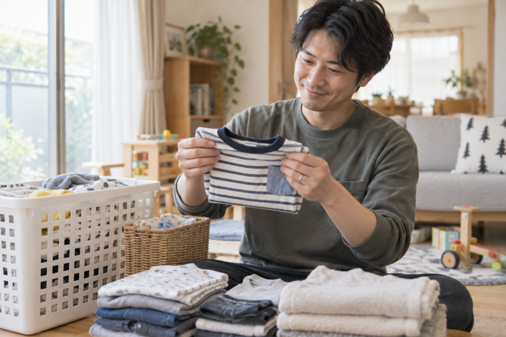 子どものシャツをたたみ、洗濯物を整理する父親