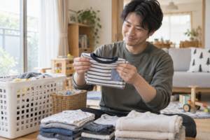 子どものシャツをたたみ、洗濯物を整理する父親