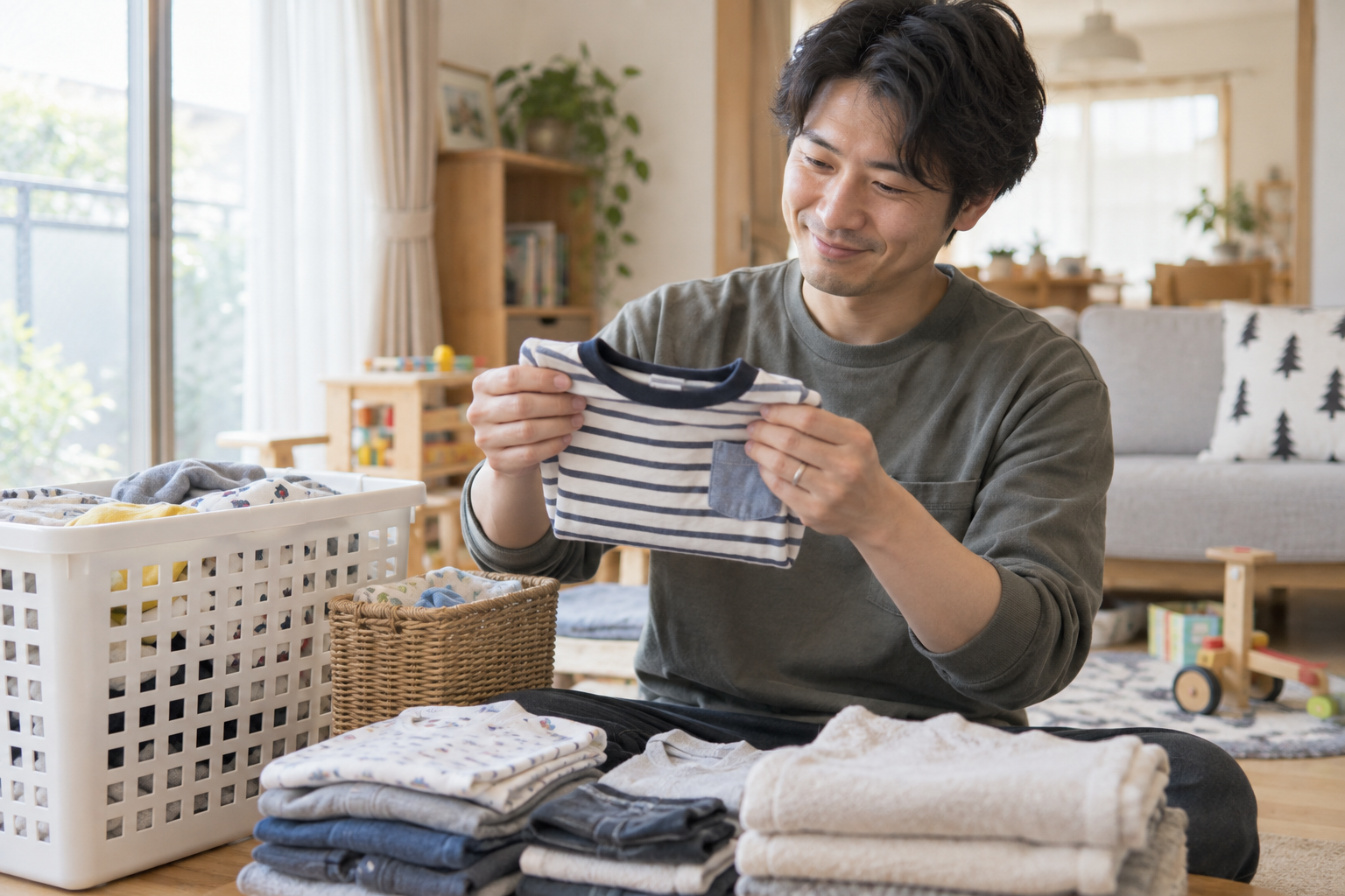 子どものシャツをたたみ、洗濯物を整理する父親