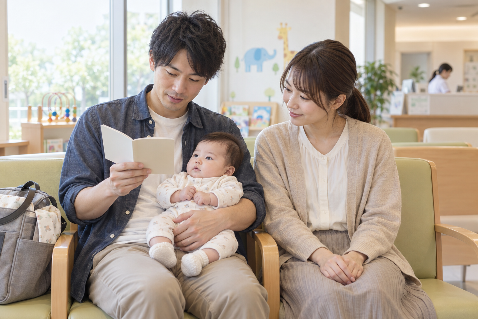 小児科の待合室で赤ちゃんを抱き手帳を確認する両親のイメージ