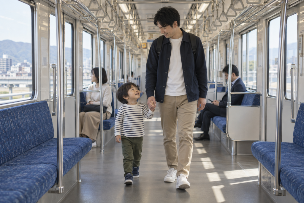 父親が子どもと手をつなぎ電車のドアから離れて立つ（AI生成イメージ）