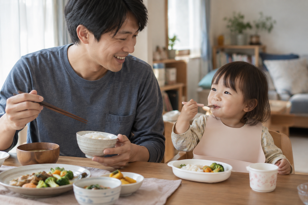 父親と幼児が落ち着いて食卓を囲む様子（AI生成イメージ）