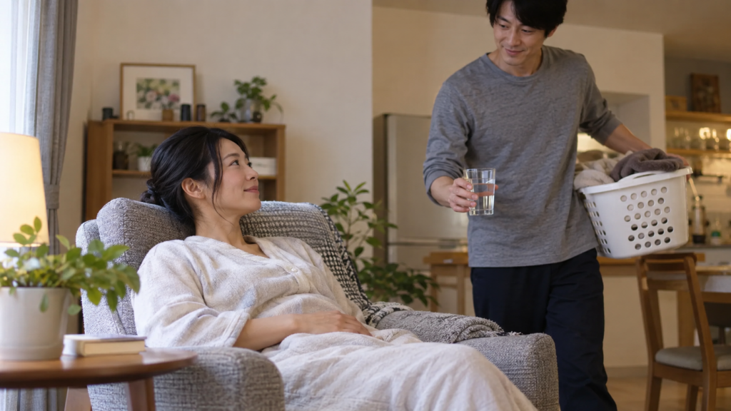 休む母親のそばで家事を引き受ける父親（AI生成イメージ）