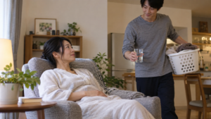 休む母親のそばで家事を引き受ける父親（AI生成イメージ）