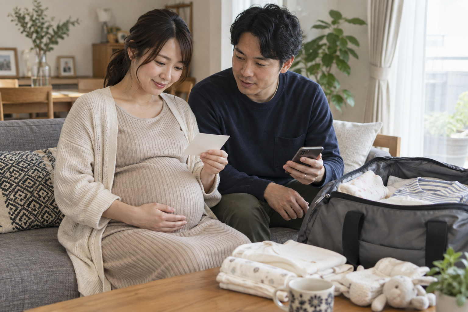 出産に備えて入院バッグと移動手段を確認する夫婦(AI生成イメージ)