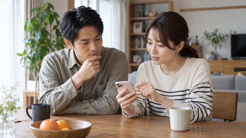来客の予定を相談する夫婦（AI生成イメージ）