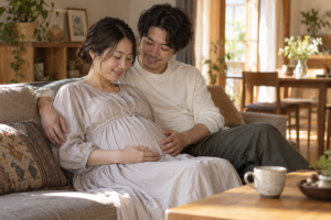 マタニティフォトを自宅で楽しむ夫婦（AI生成イメージ）