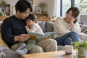 父親が幼児に絵本を読み寝る前の時間を過ごす（AI生成イメージ）