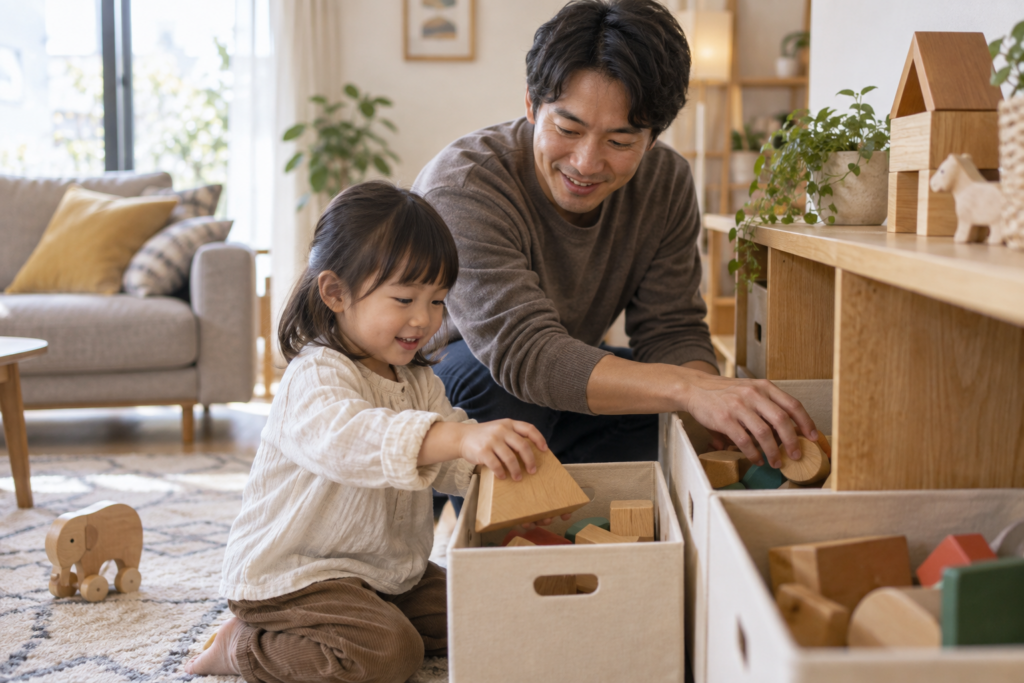 おもちゃを一緒に箱へ戻す親子（AI生成イメージ）