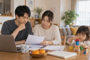 保育園の申請書類を一緒に確認する両親（AI生成イメージ）