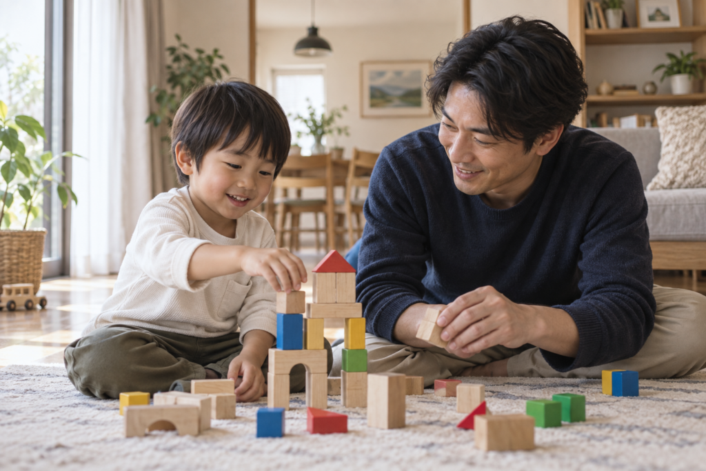 父親が上の子と向き合い家族で赤ちゃんを迎える（AI生成イメージ）