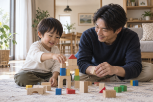 父親が上の子と向き合い家族で赤ちゃんを迎える（AI生成イメージ）