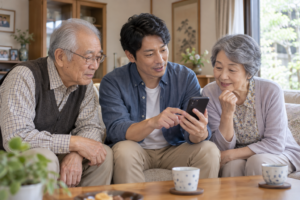子どもの写真の扱いを自分の両親に説明する父親（AI生成イメージ）