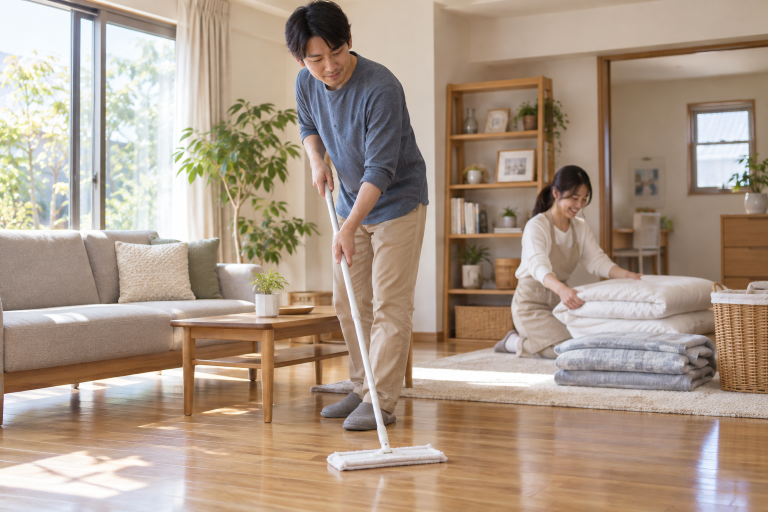 床の掃除と寝具の手入れを分担する両親（AI生成イメージ）