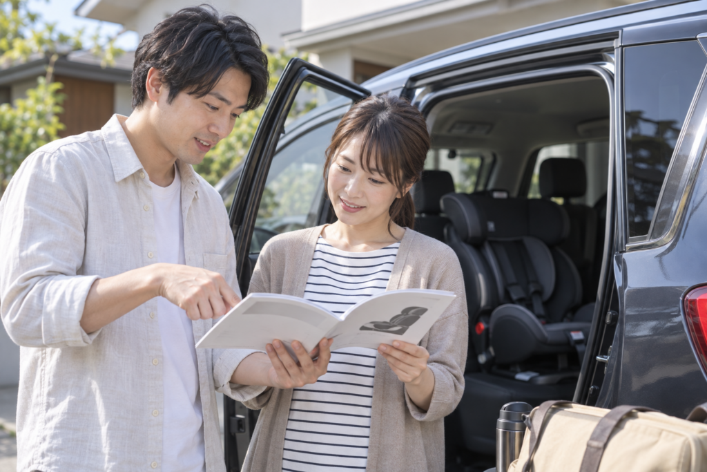 停車した車のそばでチャイルドシートの説明書を確認する両親（AI生成イメージ）