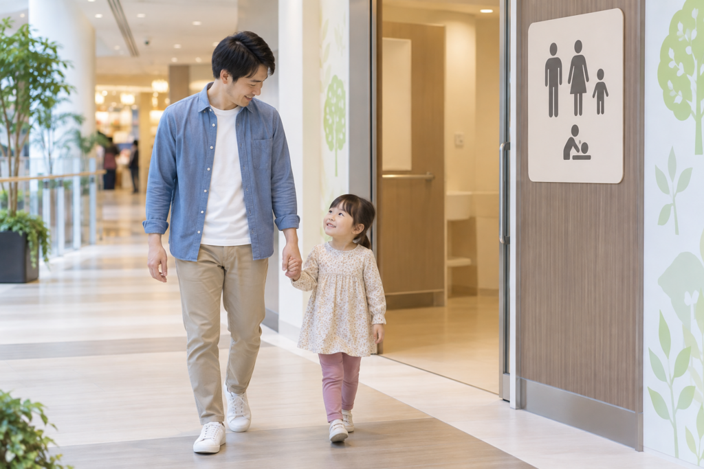 外出先で親子用トイレに付き添う父親（AI生成イメージ）