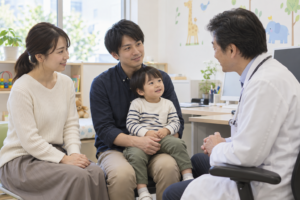 小児科で子どもの様子を相談する両親（AI生成イメージ）